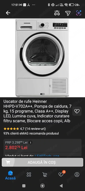Uscator rufe Heinner A++ cu pompa de caldura