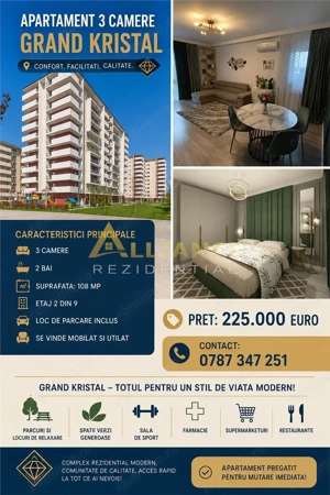  APARTAMENT 3 CAMERE | GRAND KRISTAL | 108 MP | PARCARE INCLUSA 