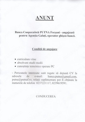 Angajare operator ghiseu banca 