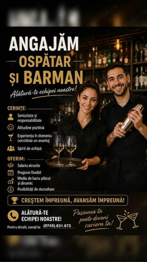 Angajam ospatar si barman  la hotel 