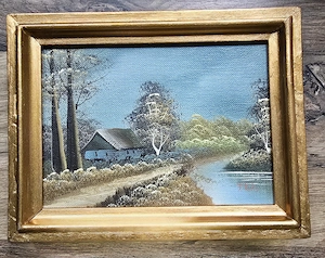 Tablou vintage Peisaj rustic in ulei pe panza-semnat J King cu rama aurie