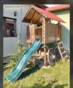Loc de joacă din lemn masiv cu tobogan, rustic