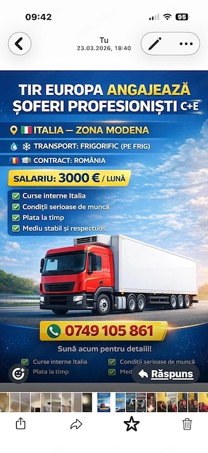 Angajăm Șoferi TIR C+E pentru Italia | Contract RO | 2700-3300 Euro
