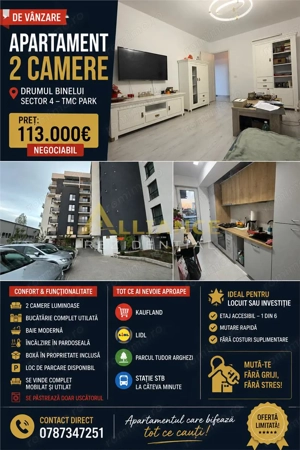 Apartament 2 camere || TMC PARK || Mobilat-Utilat || Mutare Imediata
