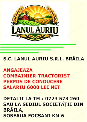 Societate angajeaza Combainier-Tractorist