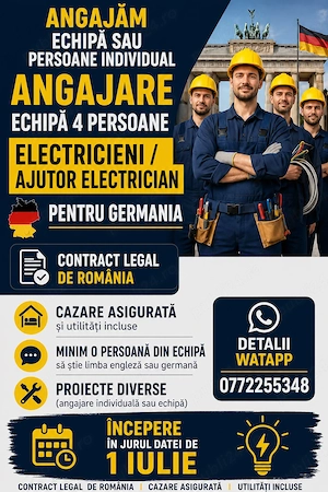 Angajare electricieni sau ajutor (sau echipa 4 persoane )pentru germania .