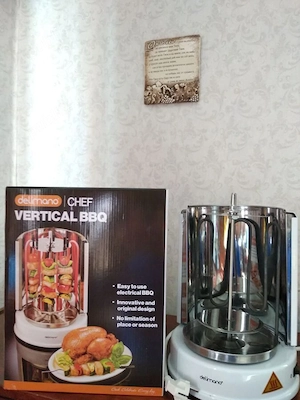 Grătar electric rotisor vertical Delimano Chef BBQ 1200W nou pt frigărui shaorma kebap pui vita porc