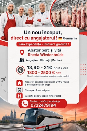 GERMANIA - Abator porc & vită - Fără experiență  ! 