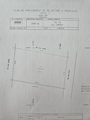Teren intravilan 1.235 mp Cârcea   Zona Metro   P+2+M   POT 35%   CUT 1,20   Front 27,5 m - imagine 2