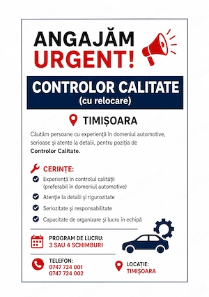 ANGAJAM Controlor Calitate cu relocare in TIMISOARA