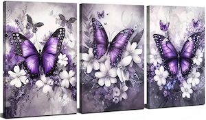 Set 3 Tablouri Canvas Fluturi Mov & Flori, 30   40 cm, Ready to Hang