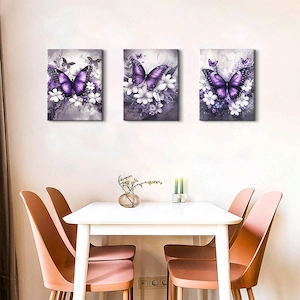 Set 3 Tablouri Canvas Fluturi Mov & Flori, 30   40 cm, Ready to Hang