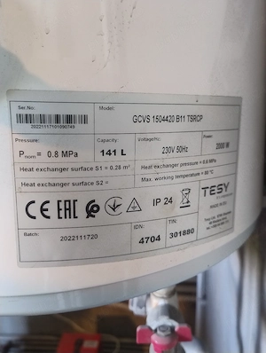 Boiler termoelectric Tesy BiLight 150 l, 2000w, cu 1 serpentina.
