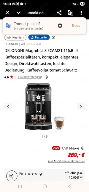 Espressor automat De'Longhi Magnifica S ECAM21.116.B   Nou, în cutie!