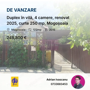 Duplex în vilă, 4 camere, renovat 2025, curte 250 mp, Mogoșoaia