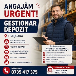 Angajam Urgent Sef punct de Lucru Gestionar Depozit - Timisoara