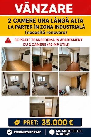 VÂNZARE  2 camere una lângă alta la parter în Zona Industrială ( necesită renovare )