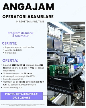 HPA recruteaza operator asamblare componente electronice- Remetea Mare