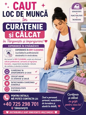 Caut de muncă  în curățenie și calcat
