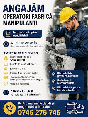  OPERATORI FABRICA, Muncitori Necalificati, Manipulanti