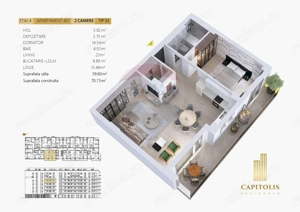 Apartament cu 2  camere, orientare E, etaj 4, Capitolis Residence