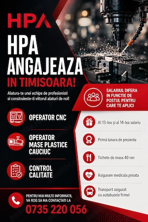 HPA recrutează Operator mase plastice cauciuc pentru o fabrică din Timișoara.