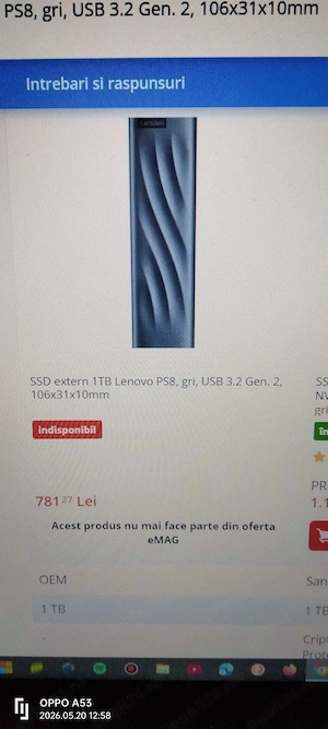SSD extern Lenovo PS8, 1TB, nou, în cutie sigilată. 