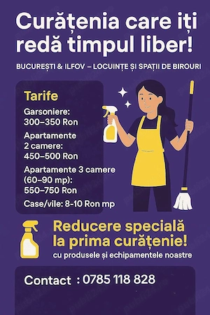 Prestării servicii de curățenie apartamente vile ,curățenie generală  igienizare canapele ,spălat ge