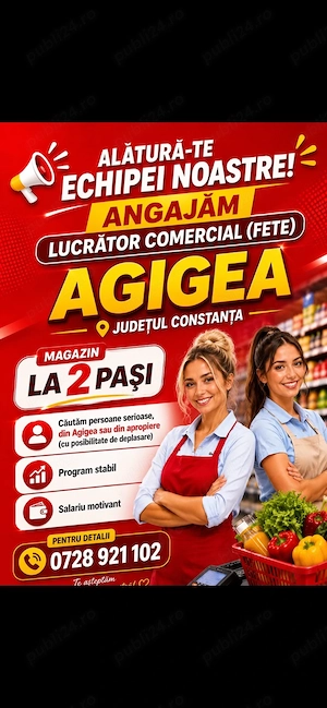Angajam lucrator comercial( fete) magazin LA 2 PASI din Agigea(Constanta)