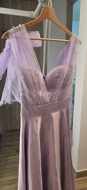 Rochie elegantă midi lungă, culoare lila-pudrat