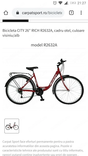 Bicicleta  CITY 26 ''Rich sport Alpina , cadru otel , alb visiniu