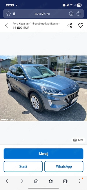 Ford Kuga 06.2022, 1500 cm3 benzina, consum mic 5,5_6%, 27.000 km, 15.500 e