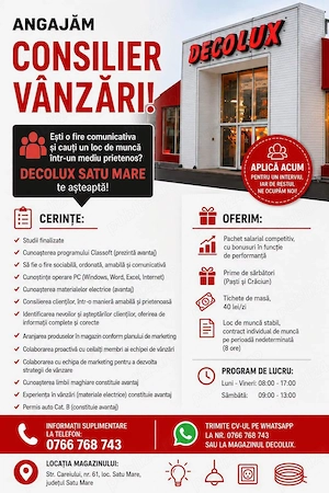 Decolux Satu Mare  Angajeaza Consilier Vânzări in magazin