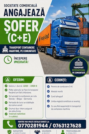 Societate comerciala angajeaza sofer (C+E) pentru transport containere maritime, pe comunitate. 