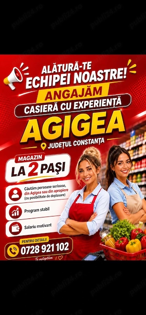Angajam casiera cu experienta magazin LA 2 PASI din Agigea(Constanta)