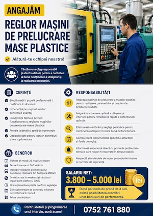 Angajam Reglor Masini de Prelucrare Mase Plastice