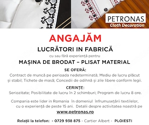 Angajam lucrator in Fabrica de Broderie - Plisat 
