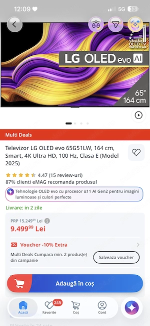 LG OLED G5 65  (164 cm) OLED65G51LW   Nefolosit, nemontat, garanție, în cutia originala