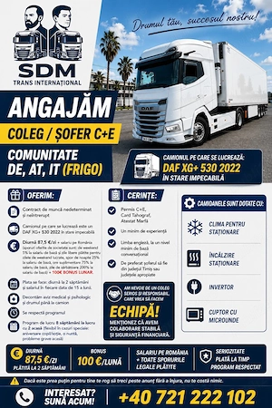 Angajam sofer categoria C+E pentru Comunitate. 