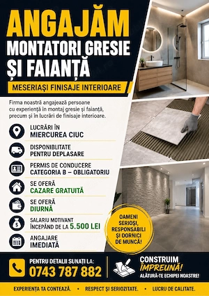 Angajăm montatori gresie și faianță Miercurea Ciuc Cazare și diurnă