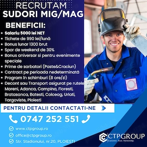 SUDORI Mig Mag | 5.000 lei NET + Bonuri 990 lei + Bonus 1.300 lei + Transport GRATUIT | Ploiești