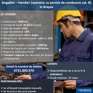 Angajam operatori cu permis conducere (cat.B) in Brasov
