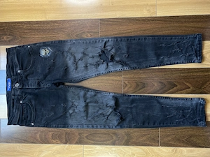 Blugi Negri Charj, slim fit, ripped cu patch craniu