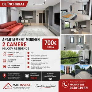 De inchiriat apartament cu 2 camere, Milcov Residence, et. 1, 700 euro