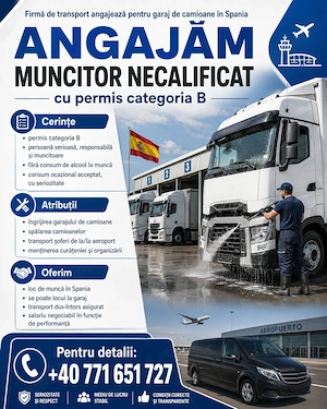  ANGAJĂM muncitor necalificat cu permis de conducere categoria B