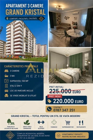  APARTAMENT 3 CAMERE | GRAND KRISTAL | 108 MP | PARCARE INCLUSA 