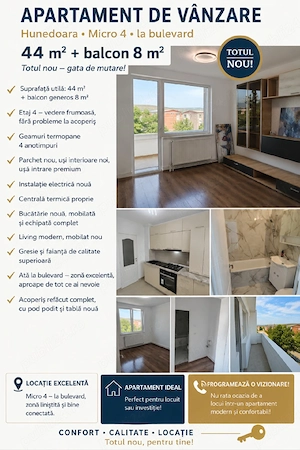 Proprietar   2 camere, B-dul Dacia, Micro 4, complet renovat, 44 m  + balcon 8 m    61.900  