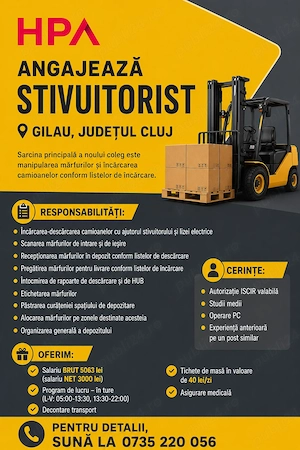 HPA angajează stivuitorist în Gilau, judeţul Cluj.