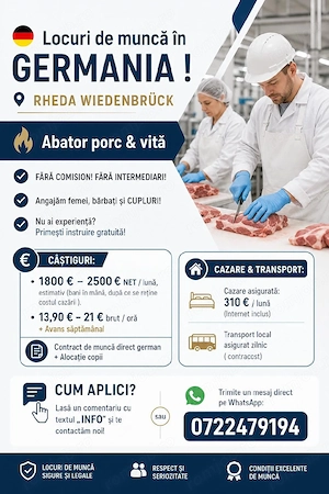 Locuri de muncă  la abator- Germania - Fără experiență  ! 