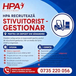 HPA recrutează Stivuitorist- Gestionar cu mașină personală pentru un depozit din Sânandrei.